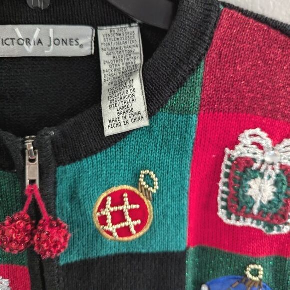 Victoria Jones Vintage 90s Ugly Christmas patchwork 3D beaded sweater cardigan L - Picture 3 of 7